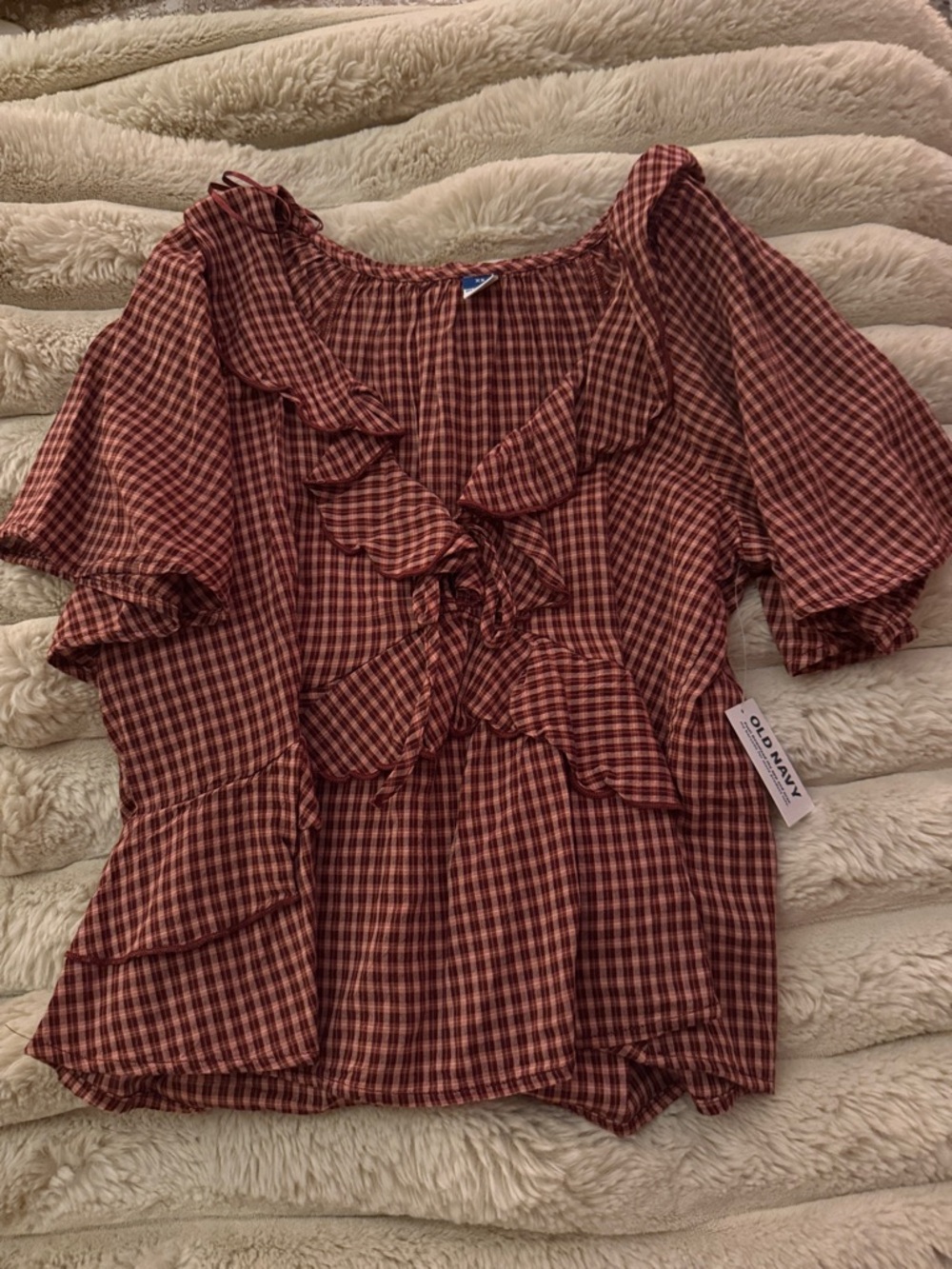 Old Navy Burgundy Check Ruffle Peasant Blouse